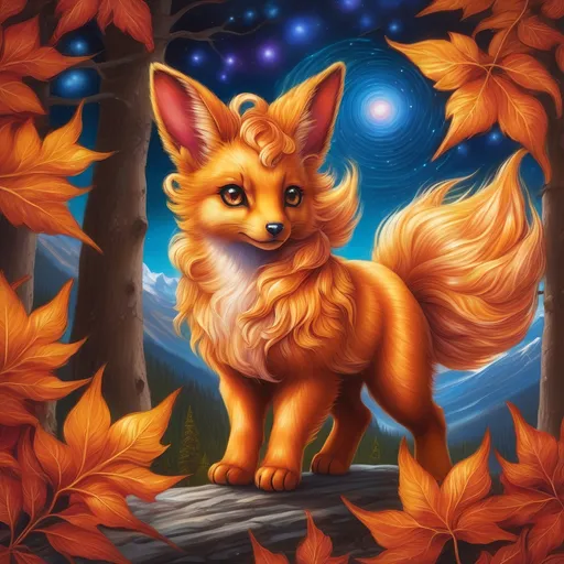 Prompt: {Vulpix}, gleaming hypnotic {chocolate brown eyes}, flame, fire element, feral, frost, detailed artwork, beautiful oil painting, 64k, detailed background, aspen leaves, deep starry sky, lush cliffside, brilliant sunrise sky, big golden ears, beautiful {golden brown muzzle}, luxurious {golden brown pelt}, big beautiful 8k eyes, mischievous, vivid colors, thick fluffy fur, glowing fiery aura, fire princess, bashful rosy cheeks, timid, bright rosy cheeks, thick billowing mane, intricately detailed fur, beautiful detailed eyes, , by Anne Stokes, golden ratio, perfect proportions, vibrant, hyper detailed, complementary colors, UHD, beautiful detailed background