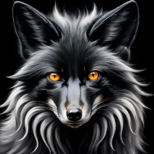 Prompt: painting of a large powerful male black fox champion with 8 tails, jet black and white fur, brilliant and beautiful 8k amber eyes, feral, charcoal fur, charcoal drawing, oil painting, Fire and ice, soft fluffy mane, golden ratio, symmetric, expressive, up close, intense, intricate detailed fur, highly detailed fur