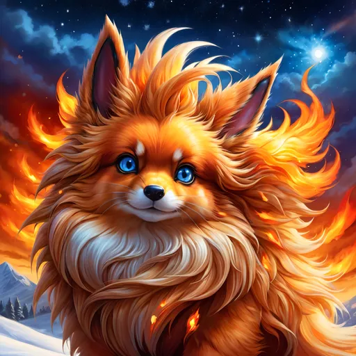 Prompt: {Flareon}, brilliant {blue eyes}, flame, fire element, feral, detailed artwork, beautiful oil painting, 64k, detailed background, snowy field, frost, deep starry sky, brilliant sunrise sky, big golden ears, beautiful dark muzzle, big beautiful 8k eyes, brave, vivid colors, thick fluffy fur, glowing fiery aura, thick billowing mane, intricately detailed fur, beautiful detailed eyes, , by Anne Stokes, golden ratio, perfect proportions, vibrant, hyper detailed, complementary colors, UHD, beautiful detailed background