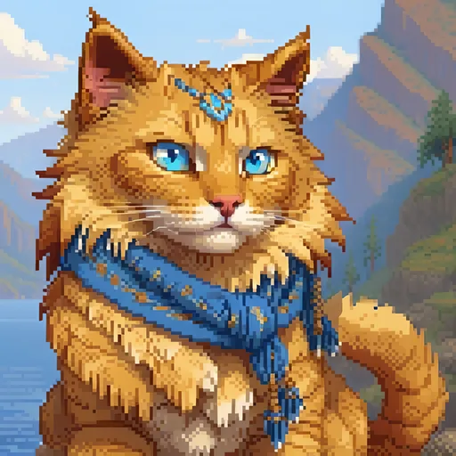 Prompt: beautiful cat warrior with golden fur and blue eyes, feral cat, wearing blue scarf, detailed lakeside background, distant cliffs in background