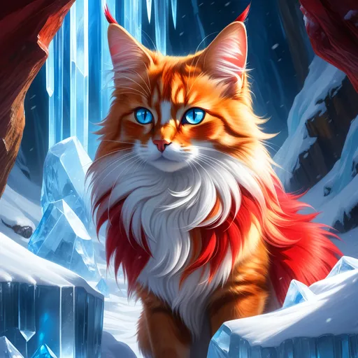 Prompt: warrior cat with {shiny red fur} and {ice blue eyes}, feral, quadruped, young she-cat, by Erin Hunter, gorgeous anime portrait, intense cartoon, beautiful 8k eyes, elegant {scarlet and garnet fur}, {pelt looks like a fox}, fine oil painting, stunning, gorgeous, gazing at viewer, beaming blue eyes, glistening scarlet fur, snowstorm, ice element, 64k, hyper detailed, expressive, witty, graceful, beautiful, expansive silky mane, crystal mountain cave, golden ratio, precise, perfect proportions, vibrant, standing majestically on a tall crystal stone, hyper detailed, complementary colors, UHD, HDR, top quality artwork, beautiful detailed background, unreal 5, artstaion, deviantart, instagram, professional, masterpiece