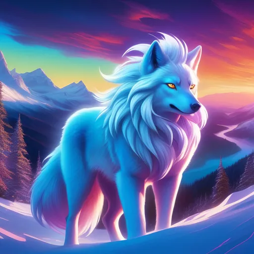 Prompt: {Alolan Ninetales}, growling, wolf, ice element, detailed artwork, epic photograph, 64k, 3D, detailed background, beautiful auroras, lush cliffside, snowy mountain peaks, brilliant night sky, gleaming hypnotic purple eyes, mischievous, vivid colors, glowing ice aura, thick billowing mane, intricately detailed fur, beautiful detailed eyes, golden ratio, perfect proportions, vibrant, hyper detailed, complementary colors, UHD, beautiful detailed background