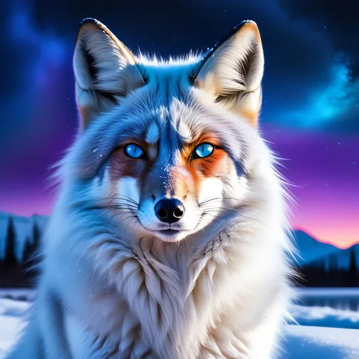 Prompt: portrait of a beautiful blue fox elder with (glistening blue fur) and glowing {sapphire blue eyes}, fine oil painting, feral fox, beautiful vixen kitsune, nine-tailed fox, sparkling frosted fur, (plump:1.5), ice element, epic anime portrait, three quarter portrait, gazing at viewer, icy colors, frost, brilliant night sky, beautiful 8k eyes, hyper detailed fur, icy white nose, deep starry sky, cosmic auroras, epic fantasy landscape, frost, intense, low angle view, soft HD fur, 64k, hyper detailed, symmetric, depth, detailed shading, highly detailed face, expressive, calm, cold, elegant, graceful, silky extravagant mane, silver fur highlights, deep {purple sky}, colorful stones, glistening blue hair, sprawled at a frosted lake shore, golden ratio, precise, perfect proportions, vibrant, hyper detailed, complementary colors, UHD, HDR, top quality artwork, beautiful detailed background, unreal 5, artstaion, deviantart, instagram, professional, masterpiece