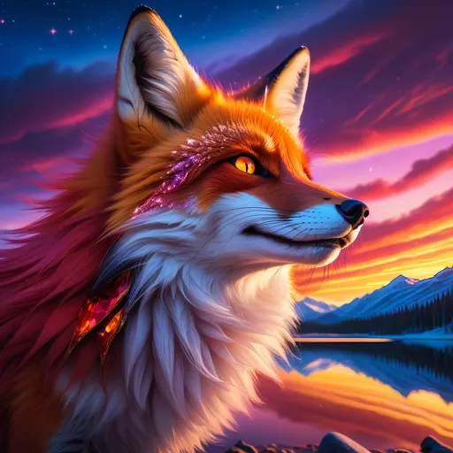 Prompt: portrait of a beautiful young crimson fox prodigy with (glistening crimson fur) and glowing jubilant {amber eyes}, feral, beautiful vixen, epic anime portrait, close up, fiery colors, brilliant sunrise, big beautiful 8k eyes, deep starry sky, cosmic auroras, epic fantasy landscape, frost, close up, fine oil painting, intense, low angle view, soft HD fur, 64k, hyper detailed, expressive, intense, elegant, graceful, silky extravagant mane, black fur lighlights, deep purple sky, colorful stones, glistening scarlet fur, sprawled at a lake shore, golden ratio, precise, perfect proportions, vibrant, lying by a sun-bathed lake, hyper detailed, complementary colors, UHD, HDR, top quality artwork, beautiful detailed background, unreal 5, artstaion, deviantart, instagram, professional, masterpiece