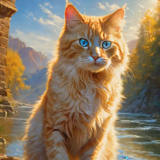 Prompt: warrior cat with pearl-gold fur and sapphire blue eyes, young male cat, epic anime portrait, beautiful 8k eyes, fine oil painting, intense, lunging at viewer, wearing shiny bracelet, worm's eye view, zoomed out view of character,  (unsheathed claws), visible claws, 64k, hyper detailed, expressive, intense, hissing cat, aggressive, intelligent, lithe, small, covered in scratches and scars, thick billowing mane, glistening golden fur, golden ratio, precise, perfect proportions, vibrant, prowling by a sun-bathed river, splashing, hyper detailed, dynamic, complementary colors, UHD, HDR, top quality artwork, beautiful detailed background, unreal 5, artstaion, deviantart, instagram, professional, masterpiece