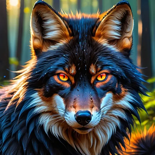 Prompt: young warrior black fox with (solid jet black fur) and {scarlet eyes}, feral, gorgeous anime portrait, 2d cartoon,  lightning element, crackling lightning, beautiful 8k eyes, fine oil painting, intense, wearing shiny bracelet, low angle view, (unsheathed claws), visible claws, 64k, thick white outlines, fine colored pencil,  head turned toward viewer, hyper detailed, expressive, intense, heroic, friendly, compassionate, brawny, thick billowing mane, fiery colors, psychedelic colors, lightning charged atmosphere, colorful stones, glistening black fur, prowling through a twilight forest,  golden ratio, intricate detailed fur, precise, perfect proportions, vibrant, prowling by a sun-bathed river, hyper detailed, complementary colors, UHD, HDR, top quality artwork, beautiful detailed background, unreal 5, artstaion, deviantart, instagram, professional, masterpiece