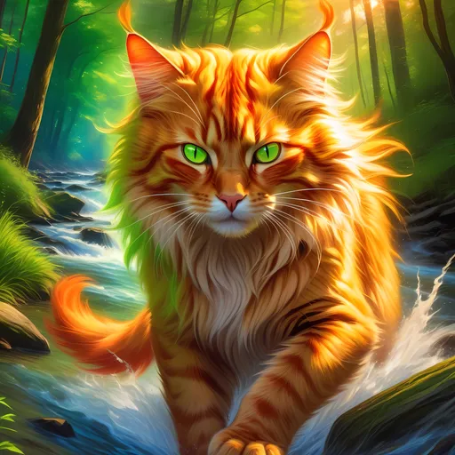 Prompt: warrior cat with {fiery orange fur} and bright green eyes, young male fire cat, epic anime portrait, beautiful 8k eyes, fine oil painting, intense, lunging at viewer, wearing shiny bracelet, solid red belly, lush fantasy forest, zoomed out view of character,  (unsheathed claws), visible claws, 64k, hyper detailed, expressive, intense, hissing cat, aggressive, intelligent, lithe, small, covered in scratches and scars, thick billowing mane, glistening golden fur, golden ratio, precise, perfect proportions, vibrant, prowling by a sun-bathed river, hyper detailed, dynamic, complementary colors, UHD, HDR, top quality artwork, beautiful detailed background, unreal 5, artstaion, deviantart, instagram, professional, masterpiece