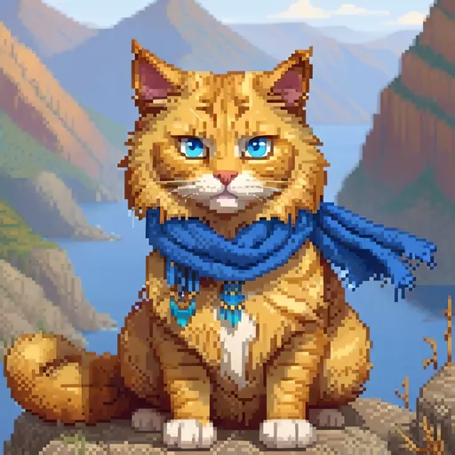 Prompt: beautiful cat warrior with golden fur and blue eyes, feral cat, wearing blue scarf, detailed lakeside background, distant cliffs in background