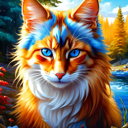 Prompt: portrait of a stunning beautiful cat with {garnet and crimson fur} and {crisp ice blue eyes}, purple tortie cat, feral, quadruped, young tom cat, Warrior cats by Erin Hunter, gorgeous anime portrait, intense cartoon, beautiful 8k eyes, {pelt shines like the sun}, kitsune, nine-tailed fox, ice element, fine oil painting, Van gogh style, stunning, gorgeous, gazing at viewer, beaming eyes, lake shore sunrise, 64k, hyper detailed, expressive, clever, beautiful, thick silky mane, golden ratio, symmetric, accurate anatomy, precise, perfect proportions, vibrant, standing majestically on a tree, hyper detailed, complementary colors, UHD, HDR, top quality artwork, beautiful detailed background, unreal 5, artstaion, deviantart, instagram, professional, masterpiece