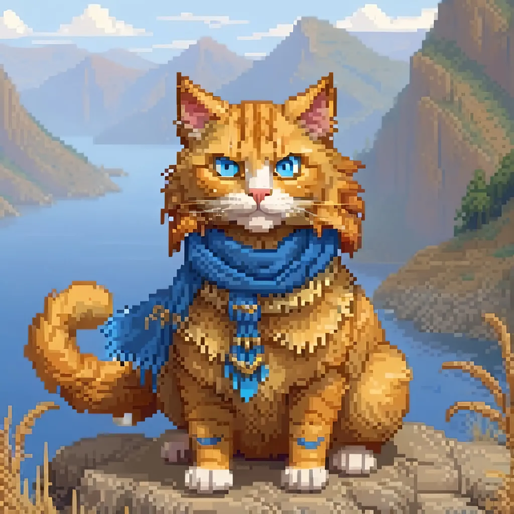 Prompt: beautiful cat warrior with golden fur and blue eyes, feral cat, wearing blue scarf, detailed lakeside background, distant cliffs in background