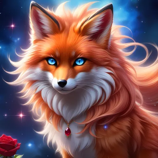 Prompt: warrior (kitsune) with {rose gold fur} and {ruby red eyes}, senior vixen, feral fox, frost, Erin Hunter, gorgeous anime portrait, beautiful cartoon, 2d cartoon, beautiful 8k eyes, elegant {blue fur}, pronounced scar on chest, fine oil painting, modest, gazing at viewer, beaming red eyes, glistening gold fur, low angle view, zoomed out view of character, 64k, hyper detailed, expressive, timid, graceful, beautiful, expansive silky mane, deep starry sky, UHD background, golden ratio, precise, perfect proportions, vibrant, standing majestically on a tall crystal stone, hyper detailed, complementary colors, UHD, HDR, top quality artwork, beautiful detailed background, unreal 5, artstaion, deviantart, instagram, professional, masterpiece