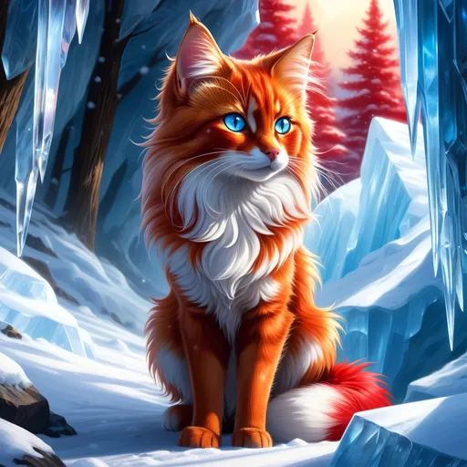 Prompt: warrior cat with {shiny red fur} and {ice blue eyes}, feral, quadruped, young she-cat, by Erin Hunter, gorgeous anime portrait, intense cartoon, beautiful 8k eyes, elegant {scarlet and garnet fur}, {pelt looks like a vixen fox}, fine oil painting, stunning, gorgeous, gazing at viewer, beaming blue eyes, glistening scarlet fur, snowstorm, ice element, 64k, hyper detailed, expressive, witty, graceful, beautiful, expansive silky mane, crystal mountain cave, golden ratio, precise, perfect proportions, vibrant, standing majestically on a tall crystal stone, hyper detailed, complementary colors, UHD, HDR, top quality artwork, beautiful detailed background, unreal 5, artstaion, deviantart, instagram, professional, masterpiece