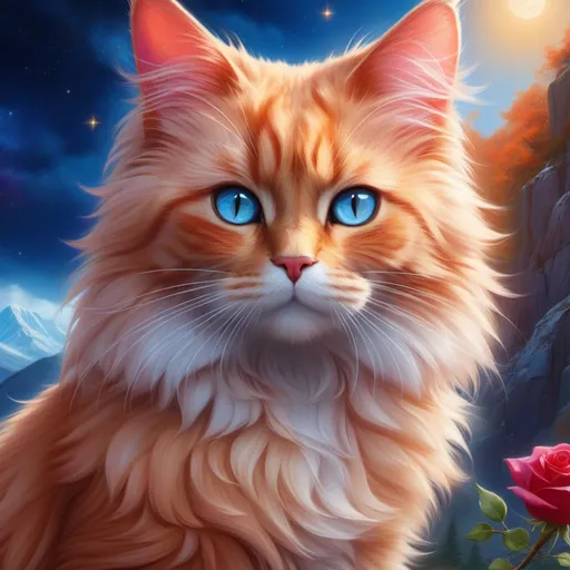 Prompt: warrior (cat) with {rose gold fur} and {ruby red eyes}, senior she-cat, feral cat, frost, Erin Hunter, gorgeous anime portrait, beautiful cartoon, 2d cartoon, beautiful 8k eyes, elegant {blue fur}, pronounced scar on chest, fine oil painting, modest, gazing at viewer, beaming red eyes, glistening gold fur, low angle view, zoomed out view of character, 64k, hyper detailed, expressive, timid, graceful, beautiful, expansive silky mane, deep starry sky, UHD background, golden ratio, precise, perfect proportions, vibrant, standing majestically on a tall crystal stone, hyper detailed, complementary colors, UHD, HDR, top quality artwork, beautiful detailed background, unreal 5, artstaion, deviantart, instagram, professional, masterpiece