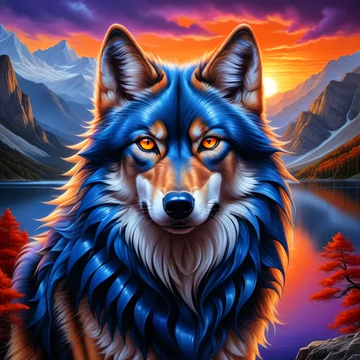 Prompt: (best quality:1.5), (high quality:1.5), (masterpiece:1.5), detailed oil portrait of a stunning beautiful blue wolf king with {cobalt blue fur} and {sunset orange eyes}, nine-tailed wolf, nine fluffy silver tails, blue nose, feral, kitsune tails, quadruped, alpha male, gorgeous anime portrait, intense cartoon, beautiful 8k eyes, kitsune, close up, up close, incredibly detailed fur, highly detailed face, water element, detailed fine fur, fine oil painting, stunning, fierce, majestic, intimidating, gorgeous, gazing at viewer, beaming eyes, lake shore sunrise, perfect reflection, shimmering, professional shading, sharply focused red clouds, Anne Stokes, highly detailed jagged mountain vista, brilliant sunrise on purple sky, (horizontal background), 64k, hyper detailed, expressive, beautiful, thick silky mane, golden ratio, symmetric, accurate anatomy, precise, perfect proportions, vibrant, standing majestically on a mountain, hyper detailed, complementary colors, UHD, HDR, top quality artwork, beautiful detailed background, unreal 5, artstaion, deviantart, instagram, professional