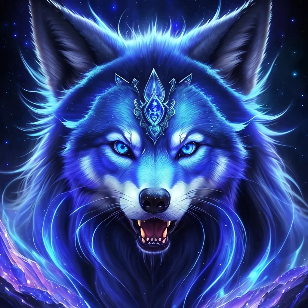 Prompt: insanely beautiful (wolf), ancient, celestial guardian, quadrupedal canine, growling, glaring at viewer, global illumination, psychedelic colors, illusion, finely detailed, stunning sapphire blue eyes, calm, detailed face, beautiful detailed eyes, beautiful defined detailed legs, beautiful detailed shading, stunning, hyper detailed face, hyper detailed eyes, masterpiece, epic anime scenery, professional oil painting, epic digital art, best quality, bulky, plump, highly detailed body, glaring at viewer, (lightning halo), tilted halo, {body crackling with lightning}, billowing wild fur, dense billowing mane, lilac magic fur highlights, majestic wolf queen, magic jewels on forehead, presenting magic jewel, lightning blue eyes, flaming eyes, ice element, (auroras) fill the sky, (ice storm), crackling lightning, (lightning halo), tilted halo, corona behind head, highly detailed pastel clouds, lightning charged atmosphere, full body focus, presenting magical jewel, beautifully detailed background, cinematic, Yuino Chiri, Anne stokes, Kentaro Miura, 64K, UHD, intricate detail, high quality, high detail, golden ratio, symmetric, masterpiece, intricate facial detail, high quality, detailed face, intricate quality, intricate eye detail, highly detailed, high resolution scan, intricate detailed, highly detailed face, very detailed, high resolution, medium close up, close up