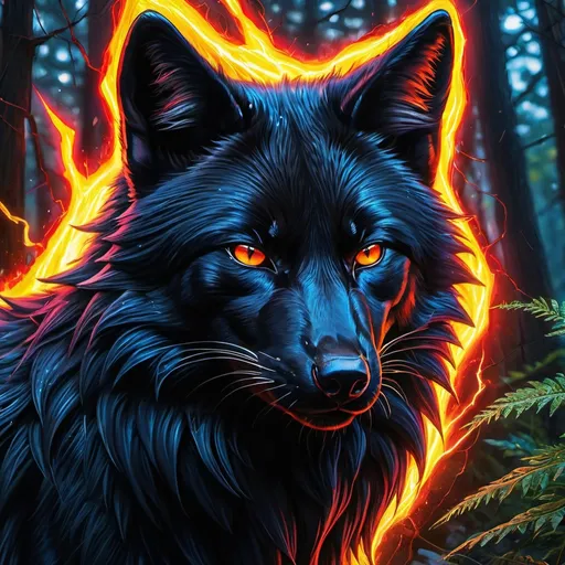 Prompt: young warrior black fox with (solid jet black fur) and {scarlet eyes}, feral, gorgeous anime portrait, 2d cartoon,  lightning element, crackling lightning, beautiful 8k eyes, fine oil painting, intense, wearing shiny bracelet, low angle view, (unsheathed claws), visible claws, 64k, thick white outlines, fine colored pencil,  head turned toward viewer, hyper detailed, expressive, intense, heroic, friendly, compassionate, brawny, thick billowing mane, fiery colors, psychedelic colors, lightning charged atmosphere, colorful stones, glistening black fur, prowling through a twilight forest,  golden ratio, intricate detailed fur, precise, perfect proportions, vibrant, prowling by a sun-bathed river, hyper detailed, complementary colors, UHD, HDR, top quality artwork, beautiful detailed background, unreal 5, artstaion, deviantart, instagram, professional, masterpiece