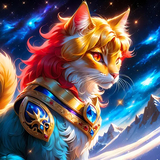 Prompt: warrior (cat) with {red fur} and {ruby red eyes}, feral cat, by Erin Hunter, gorgeous anime portrait, beautiful cartoon, beautiful 8k eyes, elegant {red fur}, pronounced scar on chest, oil painting, modest, gazing at viewer, fiery red eyes, glistening golden fur, low angle view, 64k, hyper detailed, expressive, graceful, beautiful, expansive silky golden mane, shining fur, deep starry sky, UHD background, golden ratio, precise, perfect proportions, vibrant colors, standing majestically on a tall crystal stone, hyper detailed, complementary colors, UHD, HDR, top quality art, beautiful detailed background, unreal 5, artstaion, deviantart, instagram, professional, masterpiece