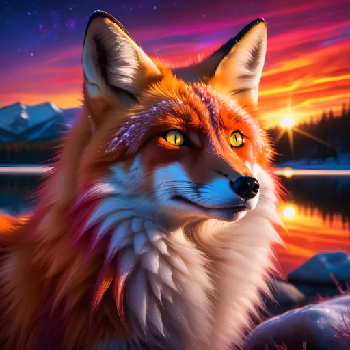 Prompt: portrait of a beautiful young crimson fox prodigy with (glistening crimson fur) and glowing {hazel green eyes}, feral, beautiful vixen kitsune, epic anime portrait, close up, gazing at viewer, fiery colors, brilliant sunrise, beautiful 8k eyes, deep starry sky, cosmic auroras, epic fantasy landscape, frost, close up, fine oil painting, intense, low angle view, soft HD fur, 64k, hyper detailed, symmetric, highly detailed face, expressive, intense, elegant, graceful, silky extravagant mane, black fur lighlights, deep purple sky, colorful stones, glistening scarlet fur, sprawled at a lake shore, golden ratio, precise, perfect proportions, vibrant, lying by a sun-bathed lake, hyper detailed, complementary colors, UHD, HDR, top quality artwork, beautiful detailed background, unreal 5, artstaion, deviantart, instagram, professional, masterpiece