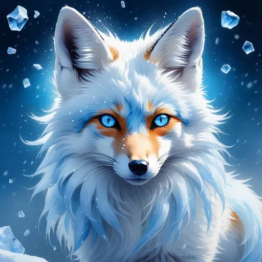 Prompt: ice elemental fox, feral fox, kitsune, nine-tailed fox, cool blue fur, dark blue eyes, soft moonlight, blue muzzle, elder vixen, plump, gazing at viewer, stunning, gorgeous, enchanting, beautiful 8k eyes, confident, falling snow, shattered ice, frosted blue fur, vivid, vibrantm UHD, HDR, three-quarter portrait, detailed watercolor style on soft paper, sharp focus, masterpiece, cool colors, artstation, instagram, trending