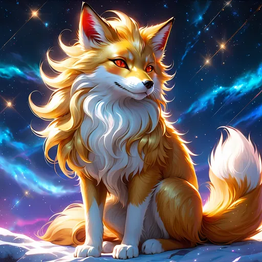 Prompt: warrior (fox) with {bright gold fur} and {ruby red eyes}, feral fox, kitsune, nine-tailed fox, gorgeous anime portrait, beautiful cartoon, beautiful 8k eyes, elegant {red fur}, four-legged, quadruped, pronounced scar on chest, oil painting, modest, gazing at viewer, fiery red eyes, glistening golden hair, furry golden paws, low angle view, 64k, hyper detailed, expressive, graceful, beautiful, small lithe cat, expansive silky golden mane, shining fur, deep starry sky, UHD background, golden ratio, precise, perfect proportions, vibrant colors, standing majestically on a tall crystal stone, hyper detailed, complementary colors, UHD, HDR, top quality art, beautiful detailed background, unreal 5, artstaion, deviantart, instagram, professional, masterpiece