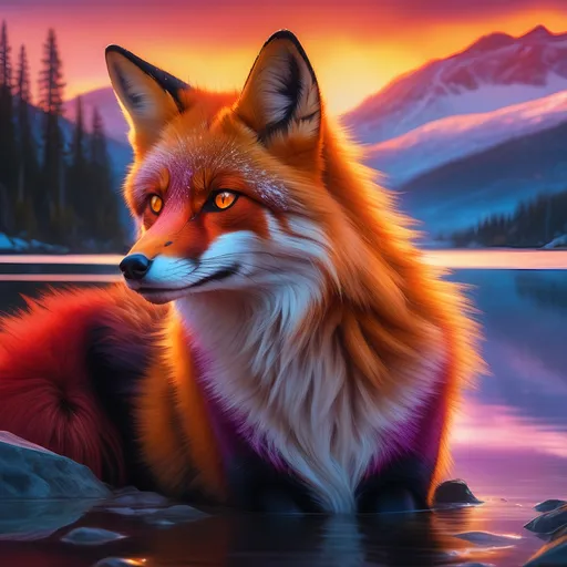 Prompt: portrait of a beautiful young crimson fox prodigy with (glistening crimson fur) and glowing jubilant {amber eyes}, feral, beautiful vixen, epic anime portrait, close up, gazing at viewer, fiery colors, brilliant sunrise, beautiful 8k eyes, deep starry sky, cosmic auroras, epic fantasy landscape, frost, close up, fine oil painting, intense, low angle view, soft HD fur, 64k, hyper detailed, symmetric, expressive, intense, elegant, graceful, silky extravagant mane, black fur lighlights, deep purple sky, colorful stones, glistening scarlet fur, sprawled at a lake shore, golden ratio, precise, perfect proportions, vibrant, lying by a sun-bathed lake, hyper detailed, complementary colors, UHD, HDR, top quality artwork, beautiful detailed background, unreal 5, artstaion, deviantart, instagram, professional, masterpiece