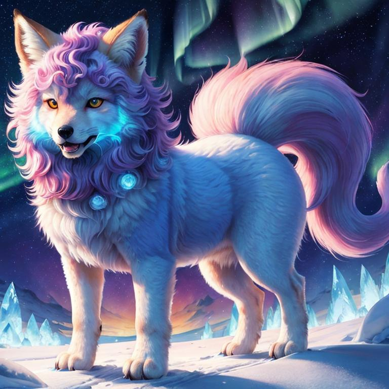 Prompt: {Alolan Vulpix}, growling, fox, kitsune, ice element, detailed artwork, portrait, 8k, detailed background, auroras, brilliant night sky, mischievous, thick billowing mane, hyper realism, realistic, hyper realistic