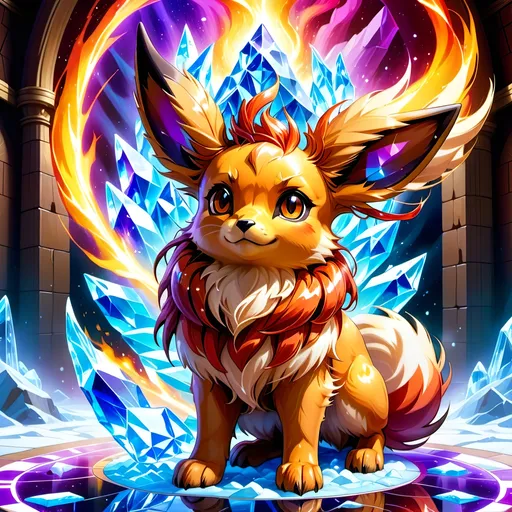 Prompt: (best quality: 1.5), (high quality:1.5), (intricate detail: 1.5), painting of an insanely beautiful Eevee, mythical, psychedelic colors, fire, ice, fierce, intense, warrior, brave, vibrant colors, intense colors, brilliant, battle arena, 3d digital painting, stunning 3d illustration, detailed background, sharp background, best video game art, Anne Stokes, hyper detailed fur, hyper realistic, surreal, professional shading, beautiful anime scenery, fantasy, crystal floor, in a stadium, in a tower, 8k, 16k, 64k, unreal engine, perfect pose, golden ratio, symmetric, perfect proportions