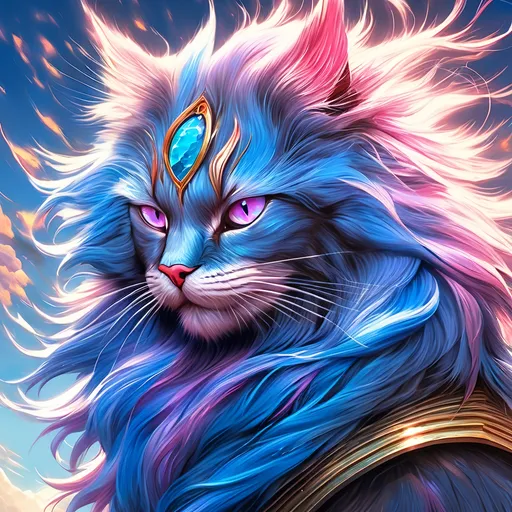 Prompt: young warrior blue cat with {striped blue fur} and {rose pink eyes}, feral, gorgeous anime portrait, 2d cartoon,  wind element, crackling lightning, beautiful 8k eyes, fine oil painting, intense, wearing shiny bracelet, low angle view, (unsheathed claws), visible claws, 64k, vast open sky, fine colored pencil,  head turned toward viewer, hyper detailed, expressive, intense, heroic, friendly, compassionate, thick billowing mane, fiery colors, heroic colors, colorful stones, glistening blue fur, golden ratio, intricate detailed fur, precise, perfect proportions, vibrant, prowling by a sun-bathed river, hyper detailed, complementary colors, UHD, HDR, top quality artwork, beautiful detailed background, unreal 5, artstaion, deviantart, instagram, professional, masterpiece