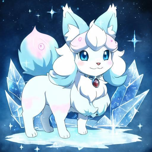 Prompt: remove white, Vulpix, Pokemon, ice, frost, anime, fluffy, watercolor, happy, furry, by Chris Aki, detailed eyes, 8k, full body, highly detailed, sparkles