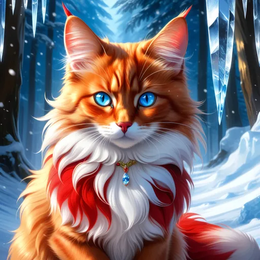Prompt: warrior cat with {shiny red fur} and {ice blue eyes}, feral, quadruped, young she-cat, by Erin Hunter, gorgeous anime portrait, intense cartoon, beautiful 8k eyes, elegant {scarlet and garnet fur}, {pelt looks like a fox}, wearing holly leaves, fine oil painting, stunning, gorgeous, gazing at viewer, beaming blue eyes, glistening scarlet fur, snowstorm, ice element, 64k, hyper detailed, expressive, witty, graceful, beautiful, expansive silky mane, crystal mountain cave, golden ratio, precise, perfect proportions, vibrant, standing majestically on a tall crystal stone, hyper detailed, complementary colors, UHD, HDR, top quality artwork, beautiful detailed background, unreal 5, artstaion, deviantart, instagram, professional, masterpiece