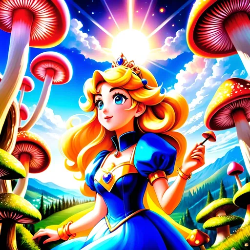 Prompt: (best quality:1.5), (high quality:1.5), (masterpiece:1.5), stunning beautiful 2D anime portrait of Princess Peach with (sparkling dress) and (sparkling eyes:2, dazzling eyes, wind element, gorgeous anime portrait, magic dust, beautiful 8k eyes, vast mushroom forest, field of giant mushrooms, fantasy, magical, layers of incredibly detailed mushrooms, wild, close up with sparkling eyes in sharp focus, magical, ethereal, enchanted, highly detailed face, fine anime painting, stunning, beautiful, majestic, {coils of long curly silky hair on forehead}, gorgeous, gazing at viewer, beaming eyes, curious eyes, sunrise, perfect reflection, shimmering, beautifully defined legs, beautiful detailed defined shading, french curves, professional shading, sharply focused clouds, highly detailed jagged mountain vista, brilliant sunrise sky, (horizontal background), 64k, hyper detailed, expressive, beautiful, {golden ratio}, symmetric, precise, perfect proportions, vibrant, standing majestically on a mountain, hyper detailed, complementary colors, UHD, HDR, top quality artwork, beautiful detailed background, unreal 5, artstaion, deviantart, instagram, professional, 16k