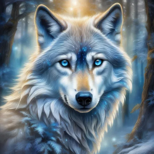 Prompt:   Double Exposure,  A very beautiful silver wolf, with piercing blue eyes, in the style of Josephine Wall, ice element, Ultrarealistic digital illustration, detailed watercolor drawing on soft paper, Contemporary beautiful art, sensuality, atmospheric, dark fantasy, fantasy, magic, botanical, super-detail, psychedelic colors, vivid colors, golden ratio, high quality, HDR, 1024k, 3d, UHD,  professional, depth, detailed shading