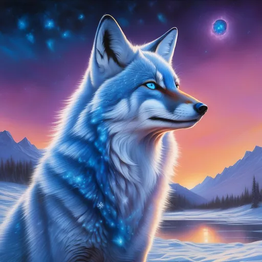 Prompt: portrait of a beautiful blue fox elder with (glistening blue fur) and glowing {sapphire blue eyes}, fine oil painting, feral, beautiful vixen kitsune, sparkling frosted fur, (plump:1.5), ice element, epic anime portrait, three quarter portrait, gazing at viewer, icy colors, frost, brilliant night sky, beautiful 8k eyes, hyper detailed fur, icy white nose, deep starry sky, cosmic auroras, epic fantasy landscape, frost, intense, low angle view, soft HD fur, 64k, hyper detailed, symmetric, depth, detailed shading, highly detailed face, expressive, calm, cold, elegant, graceful, silky extravagant mane, silver fur highlights, deep {purple sky}, colorful stones, glistening blue hair, sprawled at a frosted lake shore, golden ratio, precise, perfect proportions, vibrant, hyper detailed, complementary colors, UHD, HDR, top quality artwork, beautiful detailed background, unreal 5, artstaion, deviantart, instagram, professional, masterpiece