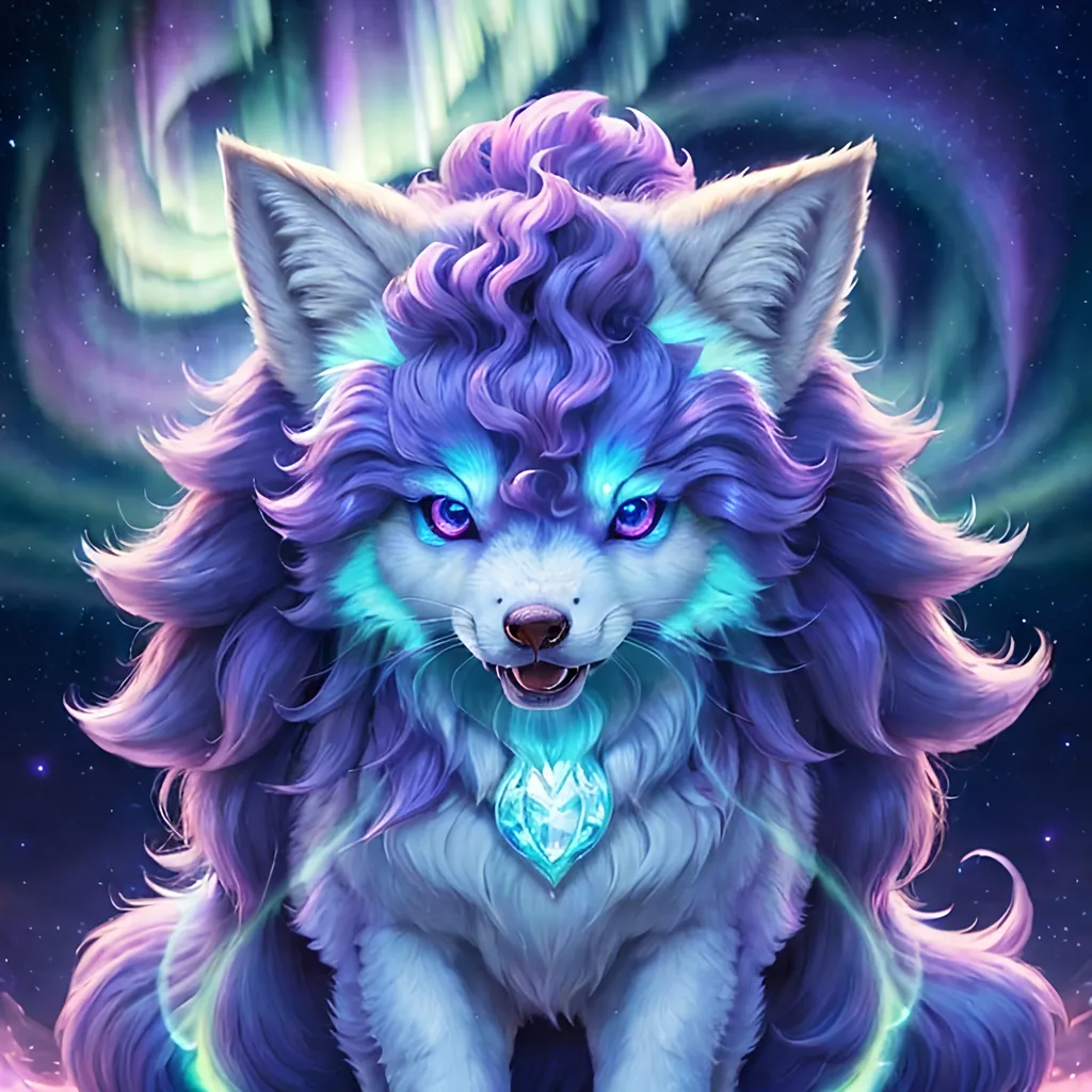 Prompt: {Alolan Vulpix}, growling, wolf, ice element, detailed artwork, portrait, 8k, detailed background, beautiful auroras, brilliant night sky, gleaming hypnotic purple eyes, mischievous, thick billowing mane