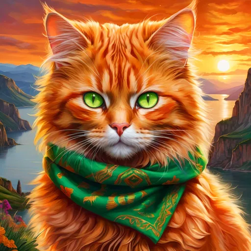 Prompt: detailed painting of a beautiful cat warrior with fiery ginger fur and bright green eyes, feral cat, wearing golden scarf, detailed lakeside background, distant cliffs in background, UHD, highly detailed, trending. on artstation, brilliant sunset, inkpunk style, brilliant colors, vivid colors, bright orange fluffy pelt, depth, retailed shading