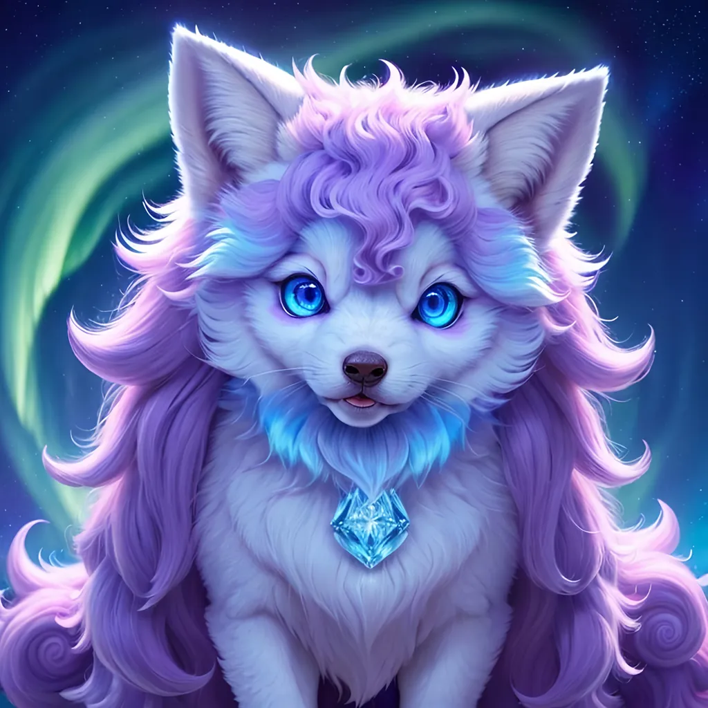 Prompt: {Alolan Vulpix}, growling, wolf, ice element, detailed artwork, portrait, 8k, detailed background, beautiful auroras, brilliant night sky, gleaming hypnotic purple eyes, mischievous, thick billowing mane, beautiful detailed eyes, golden ratio, perfect proportions, complementary colors, UHD