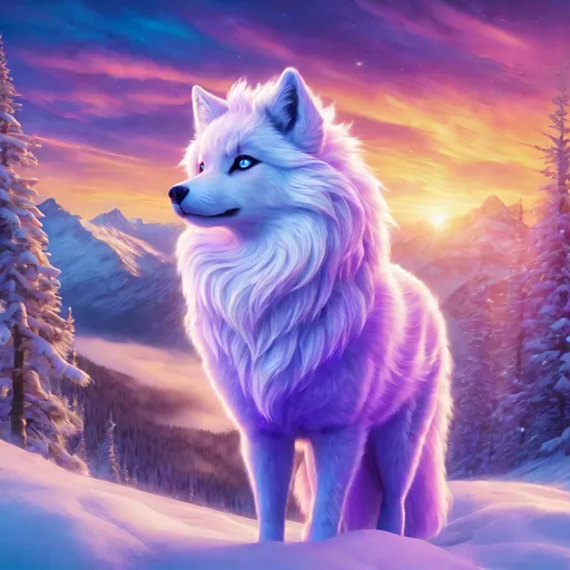 Prompt: {Alolan Vulpix}, Alaskan wolf, ice element, detailed artwork, epic photograph, 64k, 3D, detailed background, beautiful auroras, lush cliffside, snowy mountain peaks, snowy silky lilac fur, brilliant night sky, gleaming hypnotic purple eyes, mischievous, pleasant, cinematic, vivid colors, glowing ice aura, thick billowing mane, intricately detailed fur, beautiful detailed eyes, golden ratio, perfect proportions, vibrant, hyper detailed, complementary colors, UHD, beautiful detailed background, intricate detail, intricate facial detail, highly detailed background, realistic fur, photorealistic fur