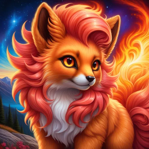 Prompt: {Vulpix}, gleaming hypnotic {amber eyes}, flame, fire element, feral, frost, detailed artwork, beautiful oil painting, 64k, detailed background, lakeside, deep starry sky, lush cliffside, brilliant sunrise sky, big black ears, beautiful {black muzzle}, luxurious {crimson pelt}, big beautiful 8k eyes, mischievous, vivid colors, thick fluffy fur, glowing fiery aura, fire princess, bashful rosy cheeks, timid, bright rosy cheeks, thick billowing mane, intricately detailed fur, beautiful detailed eyes, , by Anne Stokes, golden ratio, perfect proportions, vibrant, hyper detailed, complementary colors, UHD, beautiful detailed background