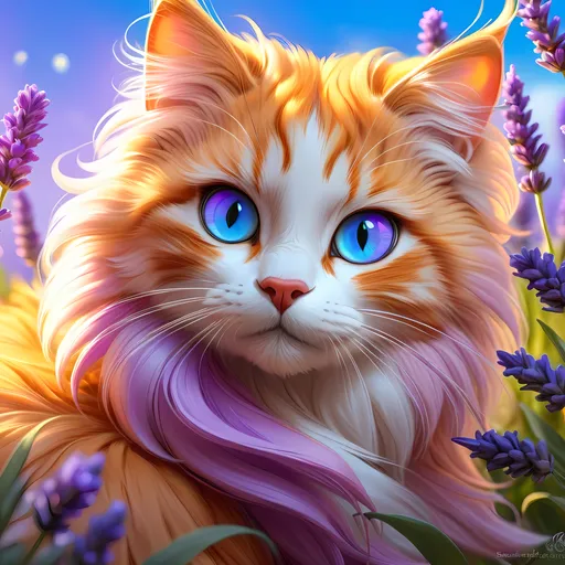 Prompt: warrior cat with {lavender fur} and {crystal blue eyes}, young she-cat, gorgeous anime portrait, beautiful cartoon, 2d cartoon, beautiful 8k eyes, elegant {colorful lavender fur}, fine oil painting, modest, gazing at viewer, worm's eye view, frosted flowers, zoomed out view of character, wears a bracelet, 64k, hyper detailed, expressive, timid, graceful, beautiful, expansive silky mane, golden ratio, precise, perfect proportions, vibrant, tanning by a sun-bathed river, hyper detailed, complementary colors, UHD, HDR, top quality artwork, beautiful detailed background, unreal 5, artstaion, deviantart, instagram, professional, masterpiece