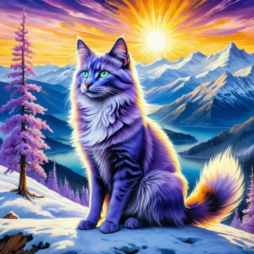 Prompt: portrait of a stunning beautiful cat with {lilac and mulberry fur} and {crisp ice blue eyes}, purple tortie cat, feral, quadruped, young tom cat, Warrior cats by Erin Hunter, gorgeous anime portrait, intense cartoon, beautiful 8k eyes, {pelt shines like the sun}, kitsune, nine-tailed fox, ice element, fine oil painting, Van gogh style, stunning, gorgeous, gazing at viewer, beaming eyes, lake shore sunrise, 64k, hyper detailed, expressive, clever, beautiful, thick silky mane, golden ratio, symmetric, accurate anatomy, precise, perfect proportions, vibrant, standing majestically on a tree, hyper detailed, complementary colors, UHD, HDR, top quality artwork, beautiful detailed background, unreal 5, artstaion, deviantart, instagram, professional, masterpiece