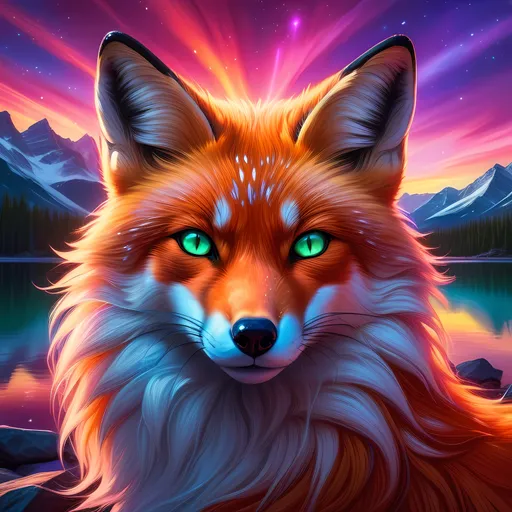 Prompt: portrait of a beautiful young crimson fox prodigy with (glistening crimson fur) and glowing {emerald eyes}, fine oil painting, feral, beautiful vixen kitsune, epic anime portrait, close up, gazing at viewer, fiery colors, brilliant sunrise, beautiful 8k eyes, deep starry sky, cosmic auroras, epic fantasy landscape, frost, close up, intense, low angle view, soft HD fur, 64k, hyper detailed, symmetric, highly detailed face, expressive, intense, elegant, graceful, silky extravagant mane, black fur lighlights, deep purple sky, colorful stones, glistening scarlet fur, sprawled at a lake shore, golden ratio, precise, perfect proportions, vibrant, lying by a sun-bathed lake, hyper detailed, complementary colors, UHD, HDR, top quality artwork, beautiful detailed background, unreal 5, artstaion, deviantart, instagram, professional, masterpiece