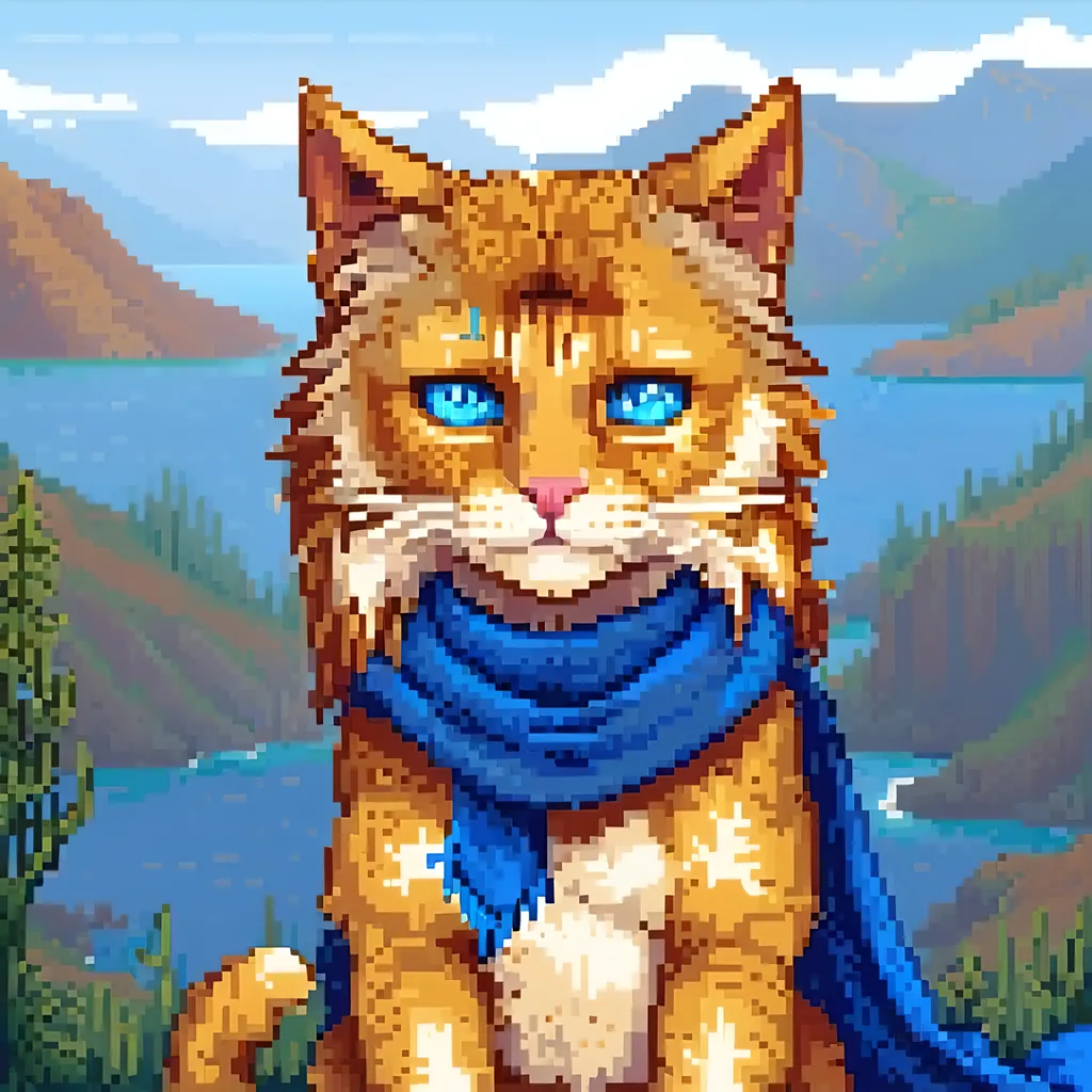 Prompt: beautiful cat warrior with golden fur and blue eyes, feral cat, wearing blue scarf, detailed lakeside background, distant cliffs in background