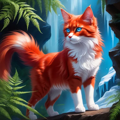 Prompt: warrior cat with {shiny red fur} and {crisp ice blue eyes}, feral, quadruped, young she-cat, by Erin Hunter, gorgeous anime portrait, intense cartoon, beautiful 8k eyes, elegant {scarlet and garnet fur}, {pelt looks like a vixen fox}, fine oil painting, stunning, gorgeous, back view, gazing at viewer, beaming blue eyes, looking back, (rear view:1.5), (looking over shoulder:1.5), (raised tail:2.5), glistening scarlet fur, draped in ferns, snowstorm, ice element, 64k, hyper detailed, expressive, witty, graceful, beautiful, expansive silky mane, crystal mountain cave, secluded crystal river, crystal waterfall, golden ratio, precise, perfect proportions, vibrant, standing majestically on a tall crystal stone, hyper detailed, complementary colors, UHD, HDR, top quality artwork, beautiful detailed background, unreal 5, artstaion, deviantart, instagram, professional, masterpiece