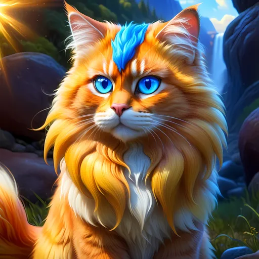 Prompt: Gold cat warrior, {glistening golden fur}, gleaming intense (deep sapphire blue eyes:1.5), electricity, lightning element, bright colors, feral, detailed artwork, beautiful oil painting, 64k, detailed background, epic rpg portrait, zoomed out view of character, by Erin Hunter, sunshine river, brilliant auroras, brilliant golden sunrise, hyper detailed, depth, rich shading, beautiful dark muzzle, big beautiful 8k eyes, brave, fluffy, plump, vivid colors, thick fluffy fur, glowing fiery aura, thick billowing mane, bright fluffy cheeks, intricately detailed fur, beautiful detailed eyes, by Anne Stokes, golden ratio, perfect proportions, vibrant, hyper detailed, complementary colors, UHD, ultra detailed, beautiful detailed background