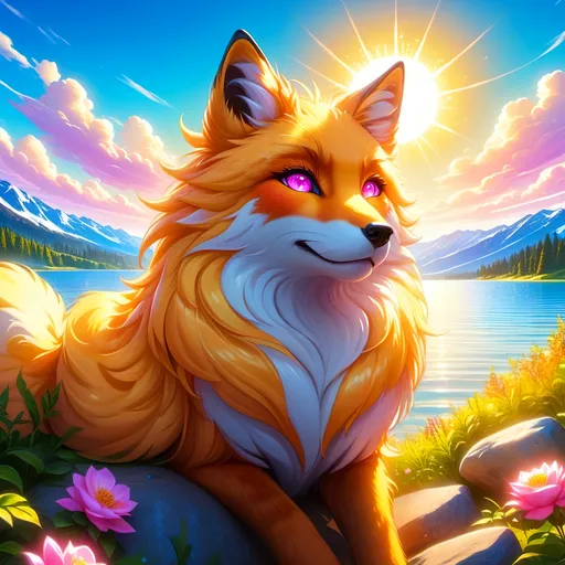 Prompt: beautiful young golden fox prodigy with (white-gold fur) and glowing (ruby magenta eyes), {sky blue paws and ears, curly blue hair}, feral, epic anime portrait, close up, sunny colors, brilliant sunrise, beautiful 8k eyes, light fluffy clouds, lush verdant greenery, close up, fine oil painting, low angle view, soft HD fur, (unsheathed claws), visible claws, 64k, hyper detailed, expressive, energetic, vibrant, fluffy mane, petite, deep blue sky, colorful stones, glistening golden fur, bashful rosy cheeks, sprawled at a lake shore, golden ratio, precise, perfect proportions, vibrant colors, vivid colors, lying by a sun-bathed lake, hyper detailed, complementary colors, UHD, HDR, top quality artwork, beautiful detailed background, unreal 5, artstaion, deviantart, instagram, professional, masterpiece