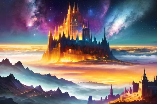 Prompt: professional landscape of an {enormous fantasy celestial crystal palace}, atop a mountain, above the clouds, golden skies, 64k, highly detailed, sharp focus, vibrant colors, bright enchanted fairytale garden, crystal hills, vivid colors, vast starry sky, UHD, vivid colors, guarded by a veil of auroras, highly detailed background, instagram, artstation, best wallpaper, golden ratio, complementary colors