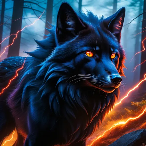 Prompt: young warrior black fox with (solid jet black fur) and scarlet eyes, feral, epic anime portrait, lightning element, crackling lightning, beautiful 8k eyes, fine oil painting, intense, wearing shiny bracelet, low angle view, soft HD fur, (unsheathed claws), visible claws, 64k, hyper detailed, expressive, intense, heroic, friendly, compassionate, brawny, thick billowing mane, fiery colors, psychedelic colors, lightning charged atmosphere, colorful stones, glistening black fur, prowling through a twilight forest,  golden ratio, precise, perfect proportions, vibrant, prowling by a sun-bathed river, hyper detailed, complementary colors, UHD, HDR, top quality artwork, beautiful detailed background, unreal 5, artstaion, deviantart, instagram, professional, masterpiece