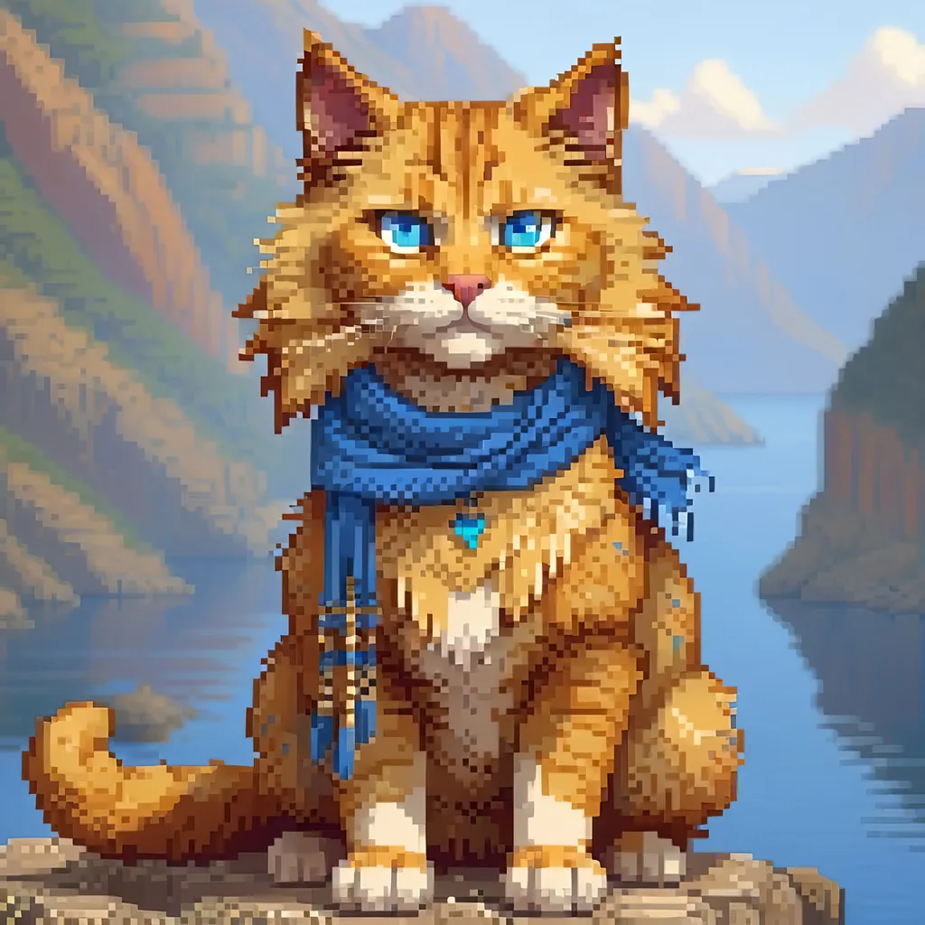 Prompt: beautiful cat warrior with golden fur and blue eyes, feral cat, wearing blue scarf, detailed lakeside background, distant cliffs in background