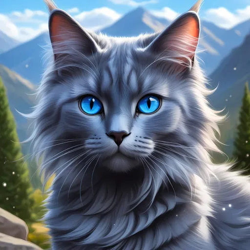 Prompt: warrior cat with {russian blue fur} and {crystal blue eyes}, senior she-cat, Erin Hunter, gorgeous anime portrait, beautiful cartoon, 2d cartoon, beautiful 8k eyes, elegant {blue fur}, pronounced scar on chest, fine oil painting, modest, gazing at viewer, beaming blue eyes, glistening blue fur, low  angle view, zoomed out view of character, 64k, hyper detailed, expressive, timid, graceful, beautiful, expansive silky mane, golden ratio, precise, perfect proportions, vibrant, standing majestically on a tall stone, hyper detailed, complementary colors, UHD, HDR, top quality artwork, beautiful detailed background, unreal 5, artstaion, deviantart, instagram, professional, masterpiece