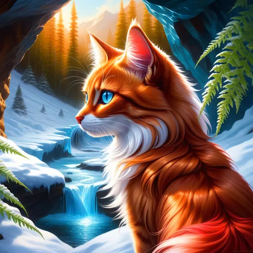 Prompt: warrior cat with {shiny red fur} and {crisp ice blue eyes}, feral, quadruped, young she-cat, by Erin Hunter, gorgeous anime portrait, intense cartoon, beautiful 8k eyes, elegant {scarlet and garnet fur}, {pelt looks like a vixen fox}, fine oil painting, stunning, gorgeous, back view, gazing at viewer, beaming blue eyes, looking back, rear view, looking over shoulder, glistening scarlet fur, draped in ferns, snowstorm, ice element, 64k, hyper detailed, expressive, witty, graceful, beautiful, expansive silky mane, crystal mountain cave, secluded crystal river, golden ratio, precise, perfect proportions, vibrant, standing majestically on a tall crystal stone, hyper detailed, complementary colors, UHD, HDR, top quality artwork, beautiful detailed background, unreal 5, artstaion, deviantart, instagram, professional, masterpiece